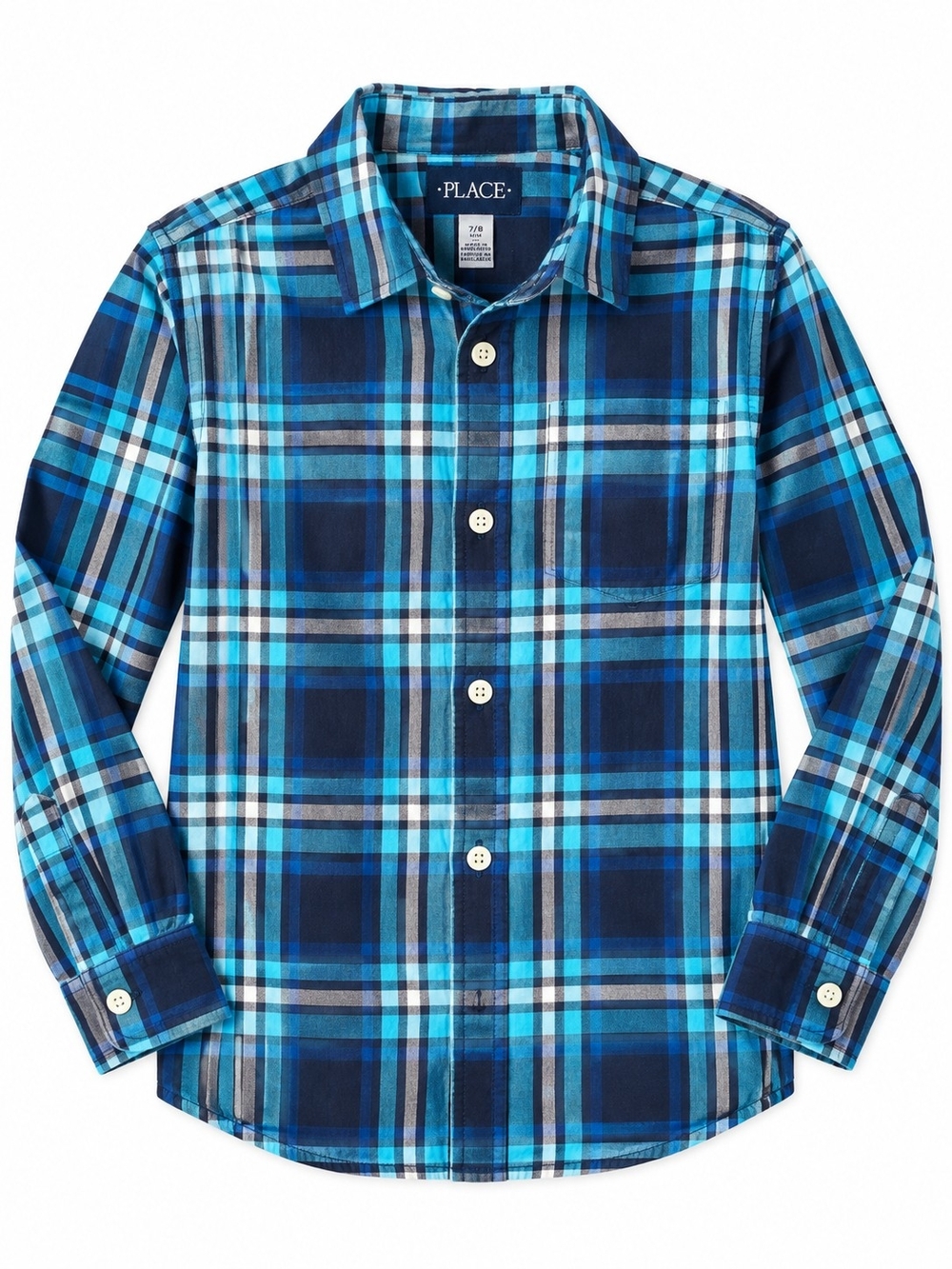 The Childrenโs Place Boys 7/8 Plaid Long Sleeve Button Down Shirt Blue Teal Cott